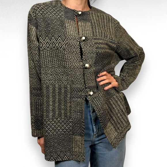 Vintage Sweaters - Vintage Velvet Cardigan Sweater Sz M Black Gray Patchwork Whimsigoth Grandma